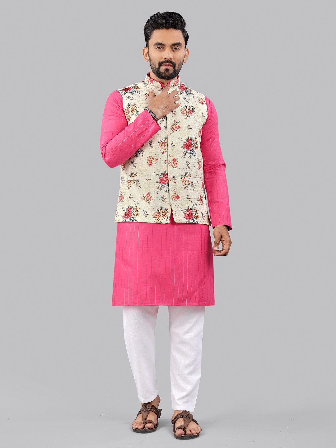 

WELL TEX Men Floral Printed Regular Kurta with Pyjamas, Pink