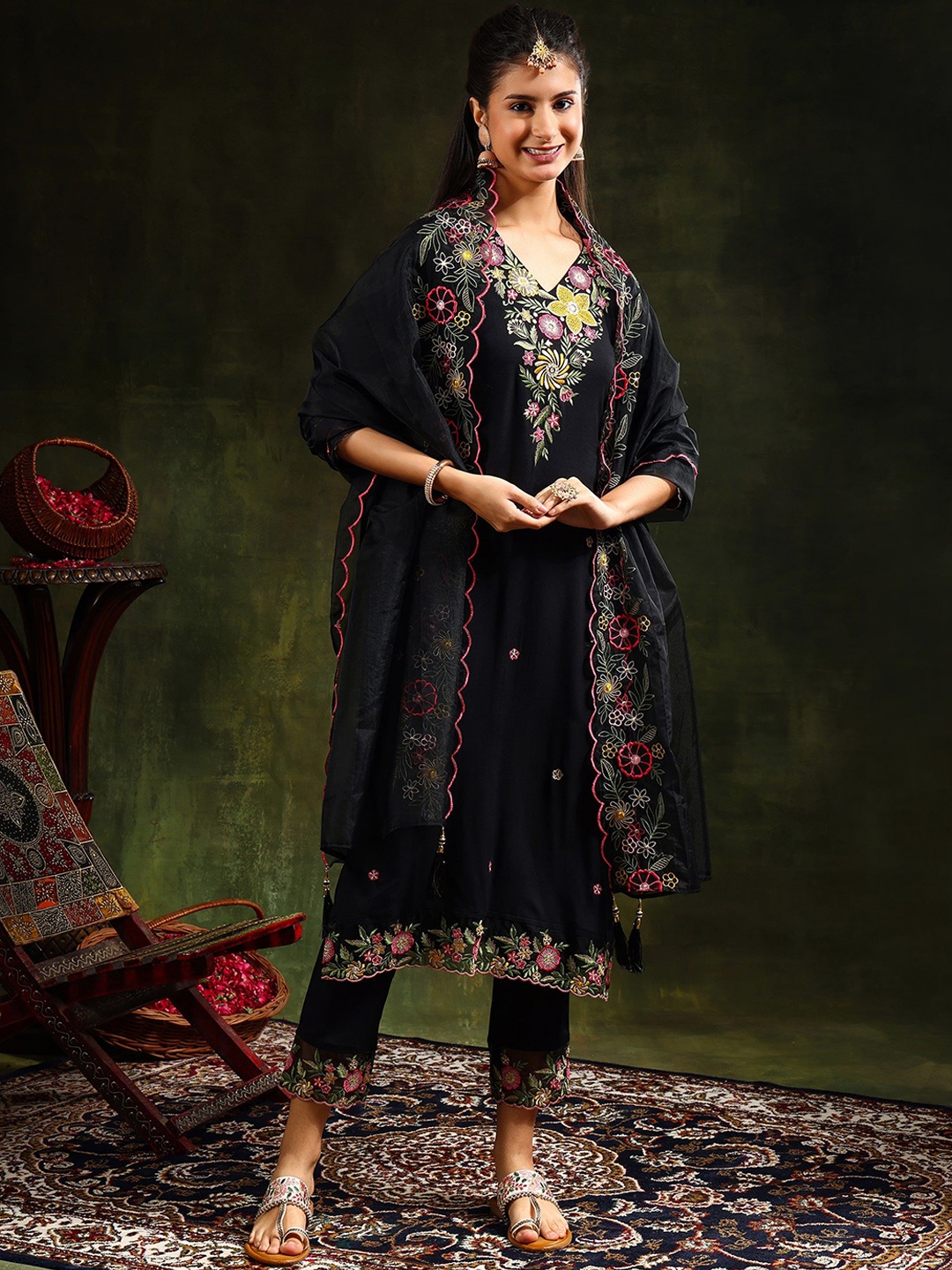 

Berrylicious Floral Embroidered V Neck Organza Kurta With Trousers And Dupatta, Black