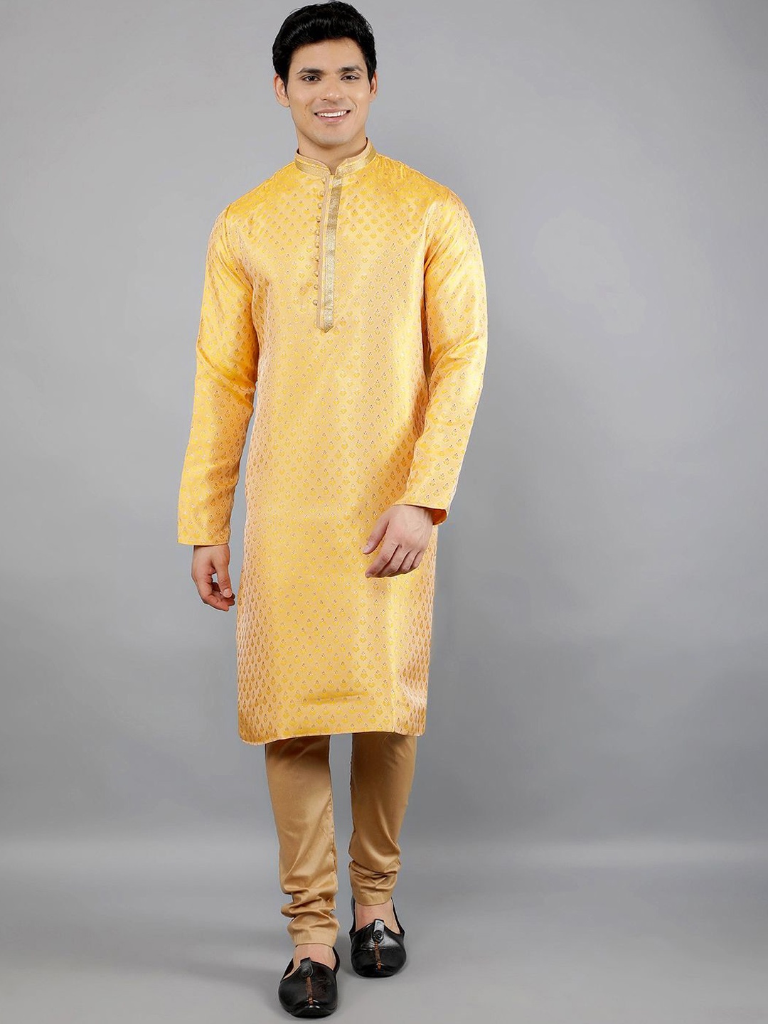 

Manish Creations Floral Woven Design Band Collar Kurta with Churidar, Mustard