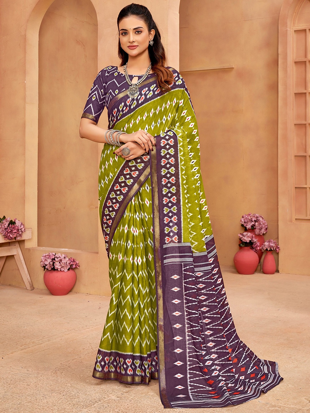 

VEECHIS Printed Zari Border Pure Cotton Saree, Green