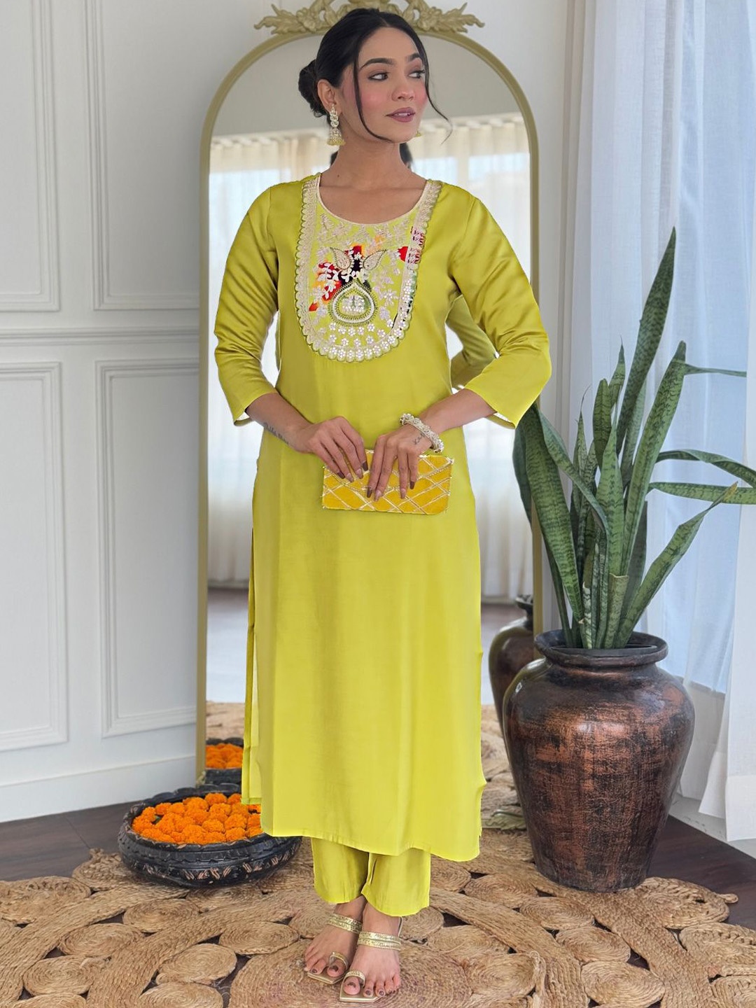 

KALINI Yoke Design Straight Thread Work Kurta With Trousers And Dupatta, Lime green