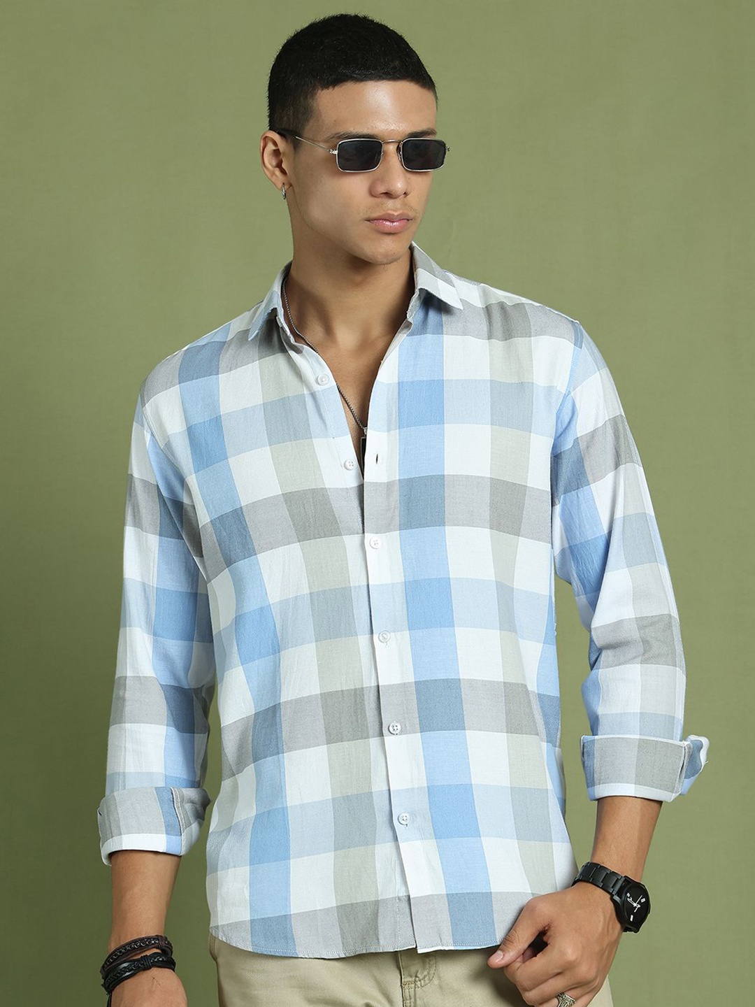 

Indian Needle Men Classic Opaque Checked Casual Shirt, Blue