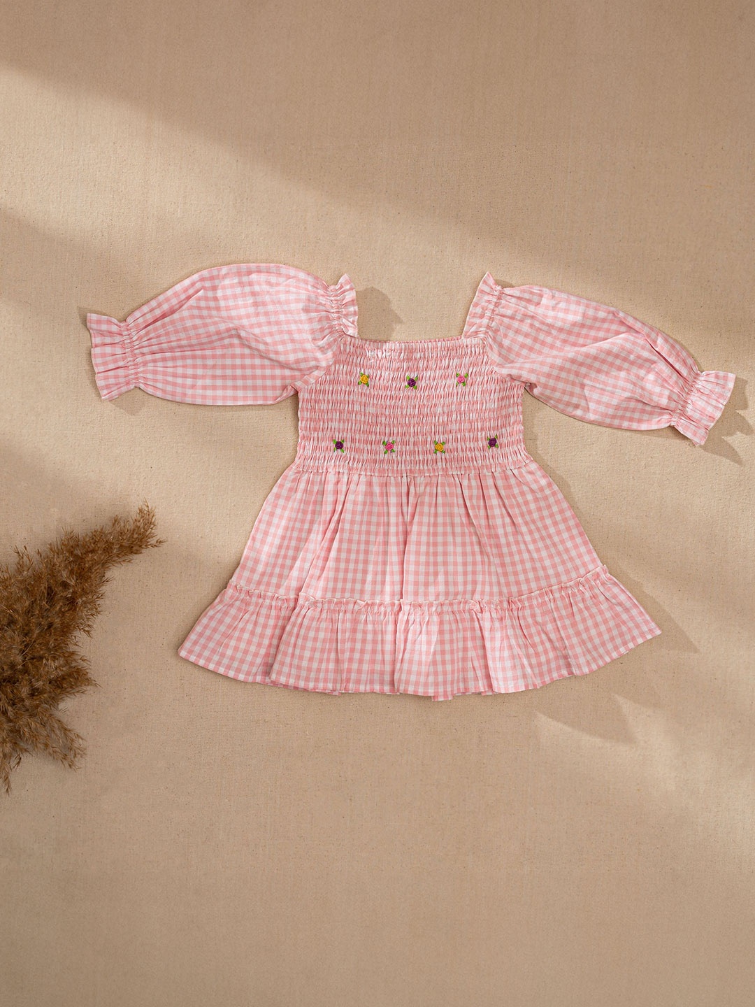 

Swoon Baby Checked Puff Sleeve Fit & Flare Dress, Pink