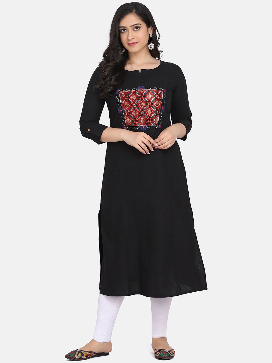 

DIVASTRI Geometric Printed Notch Neck Pure Cotton Straight Kurta, Black