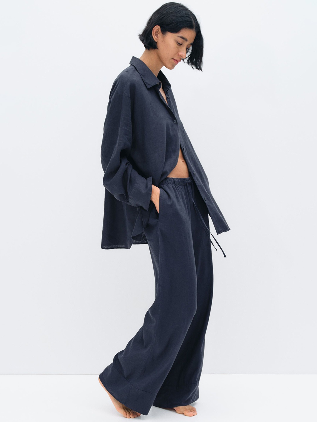 

H&M Wide Linen-Blend Trousers, Black