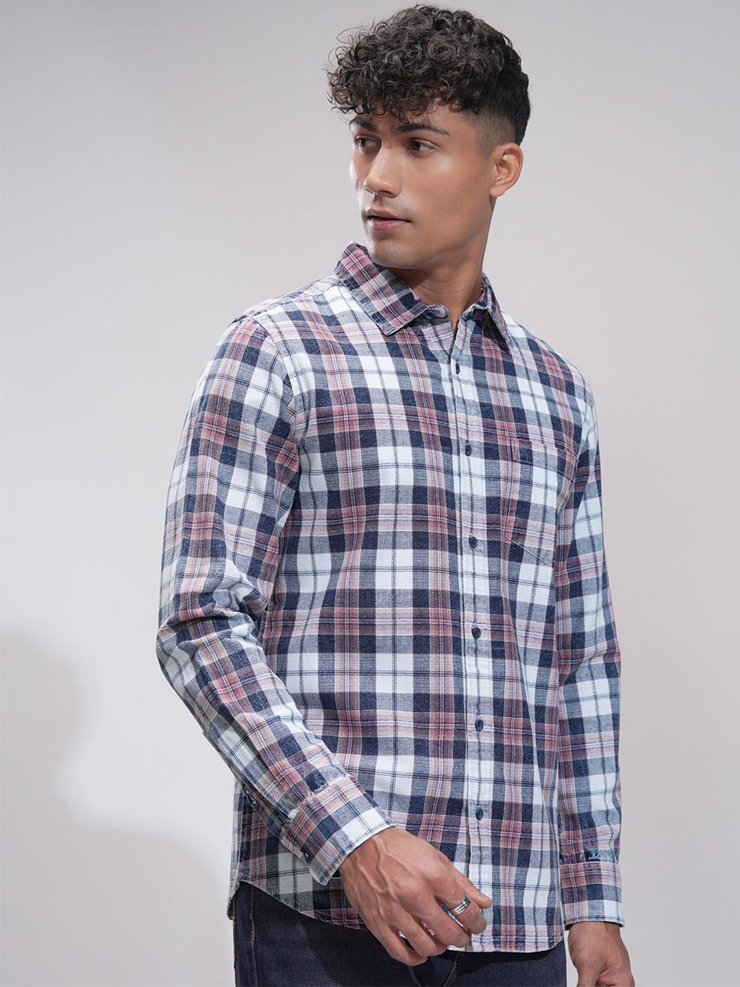 

HIGHLANDER Men Comfort Slim Fit Opaque Checked Casual Shirt, Blue