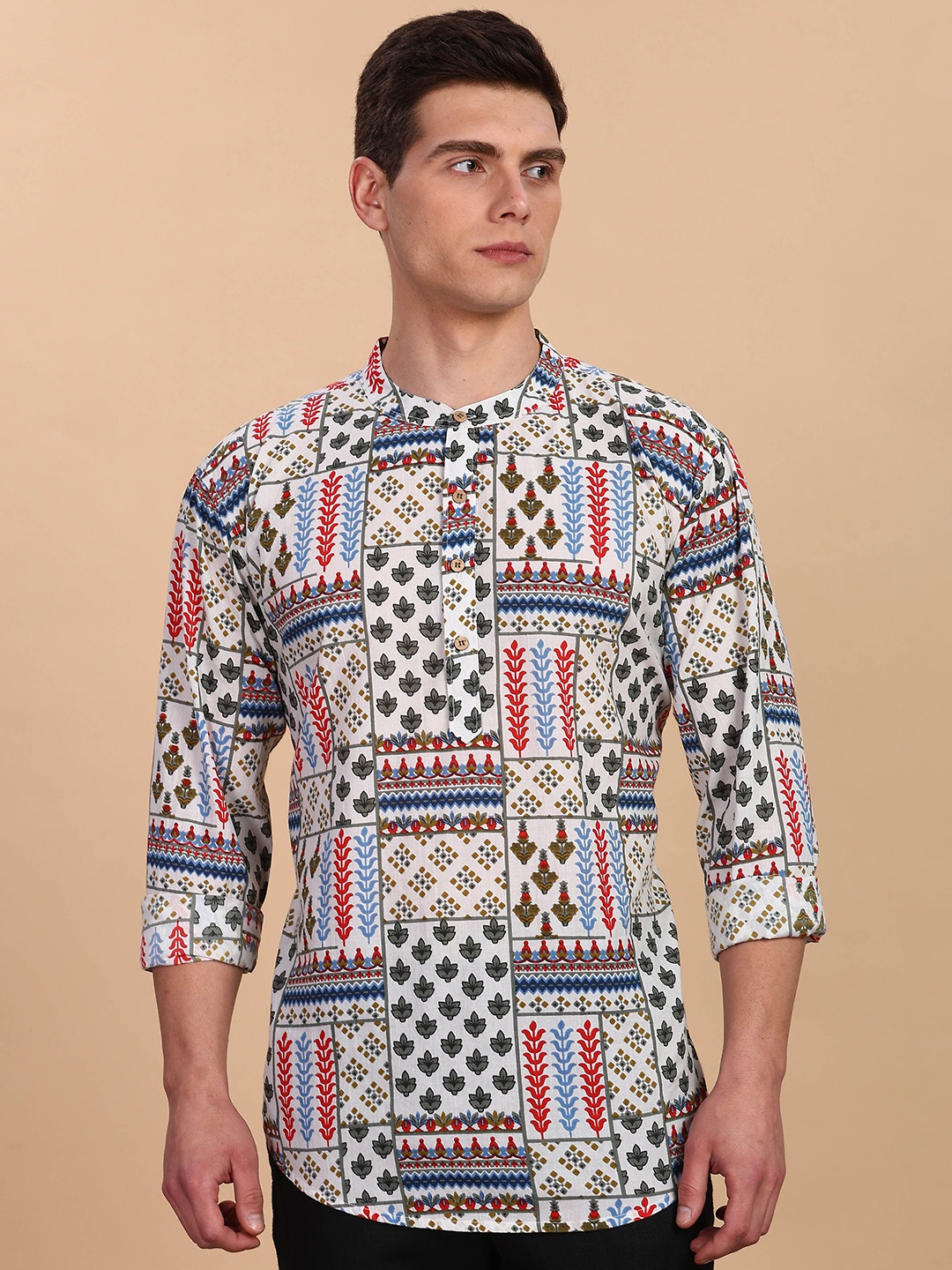 

Anouk Ethnic Motifs Printed Band Collar Pure Cotton Straight Short Kurta, White
