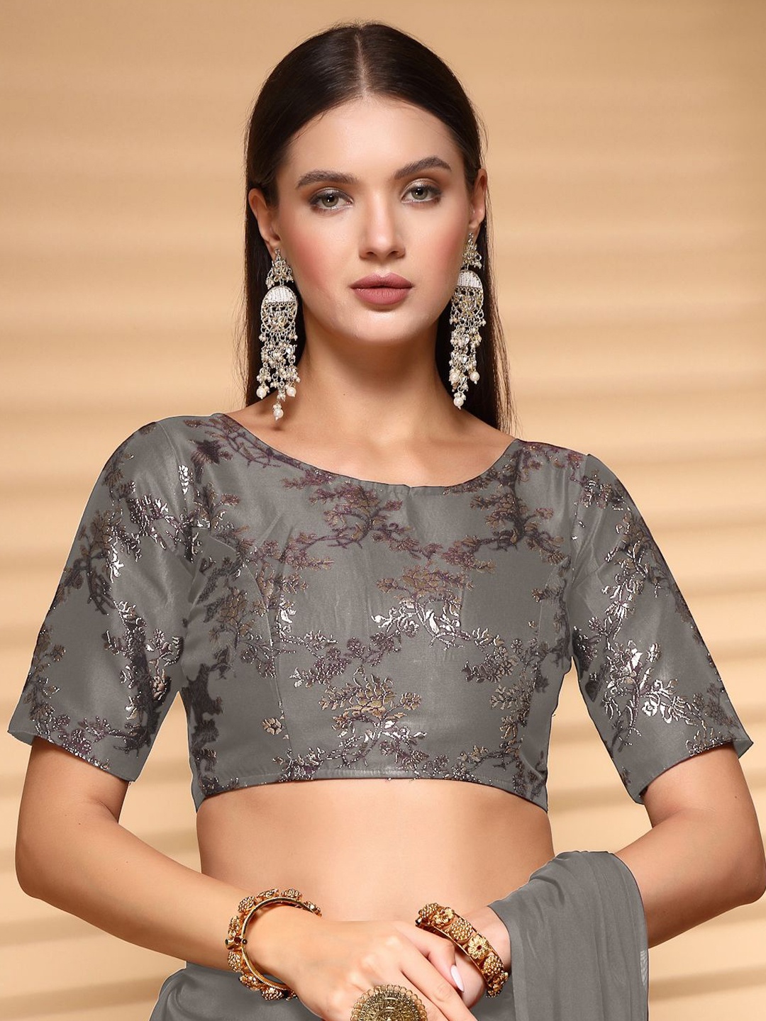 

Oomph! Woven Design Jacquard Traditional Saree Blouse, Grey