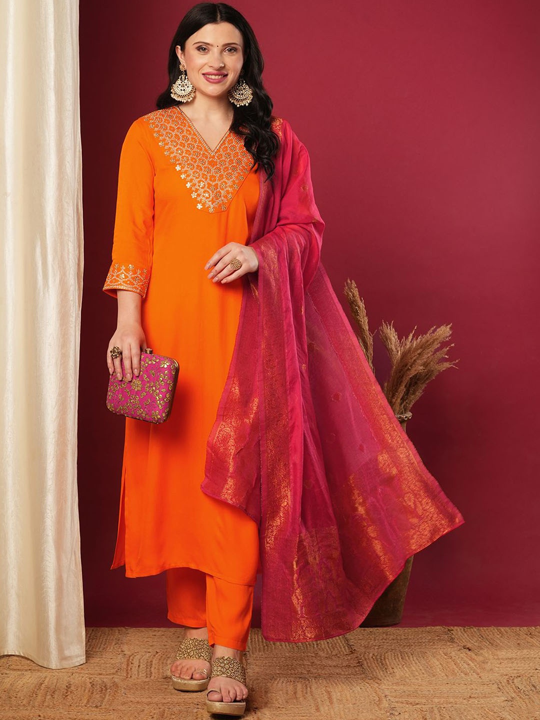 

GoSriKi Embroidered V Neck Kurta With Trousers & Dupatta, Orange
