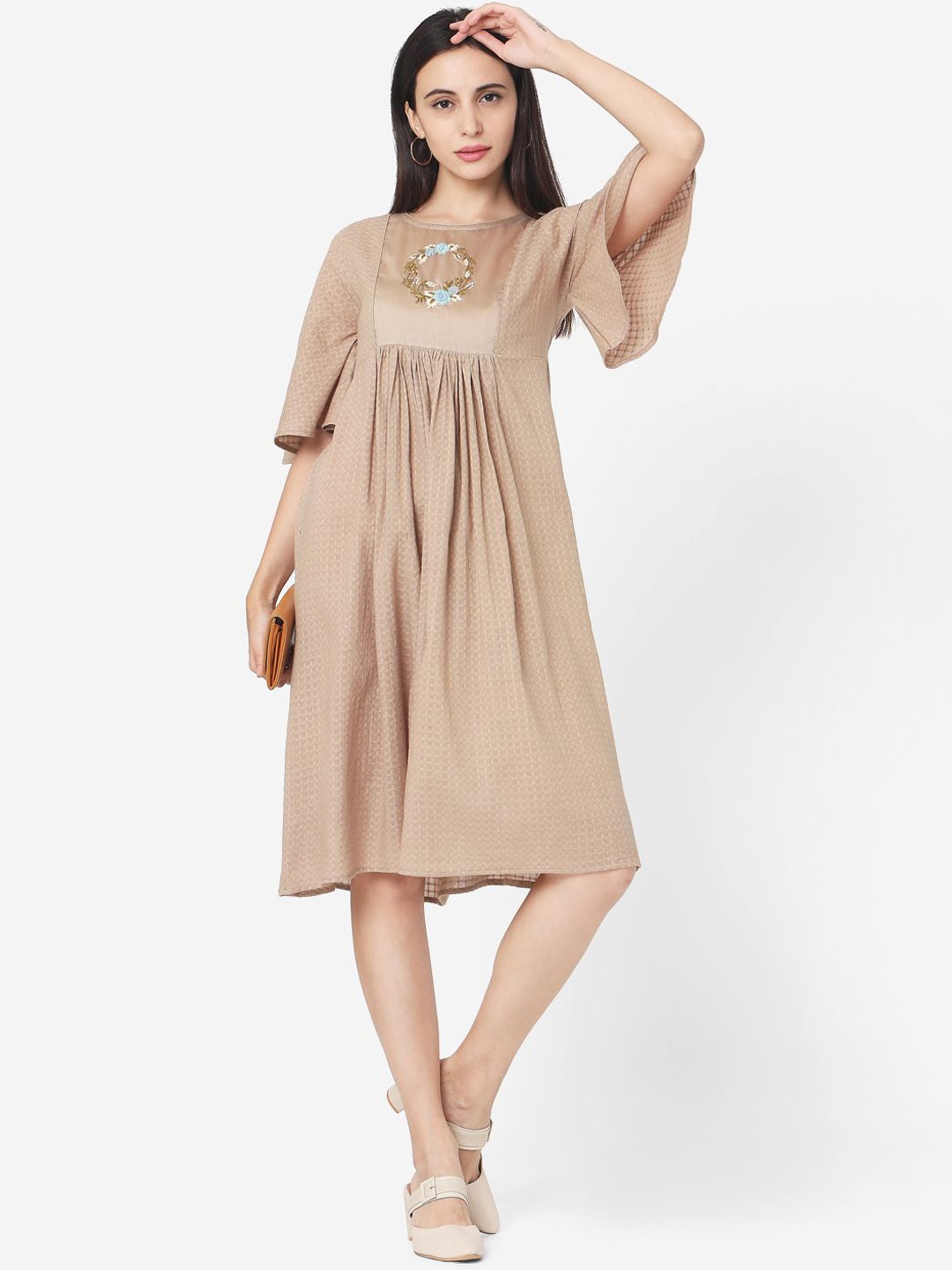 

DIVASTRI Floral Embroidered Bell Sleeves Cotton Fit & Flare Dress, Beige