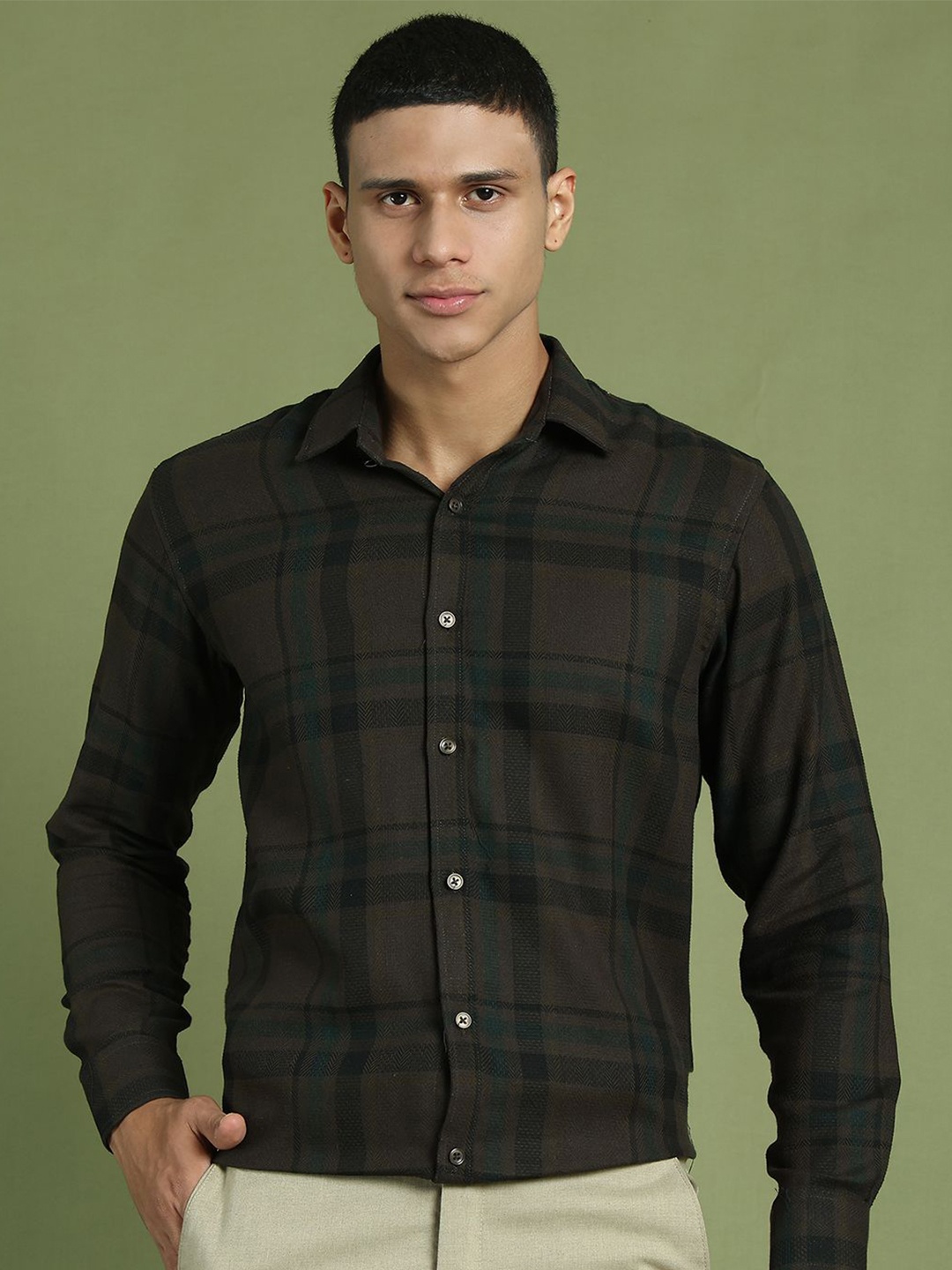 

Indian Needle Men Classic Windowpane Checks Opaque Checked Formal Shirt, Coffee brown