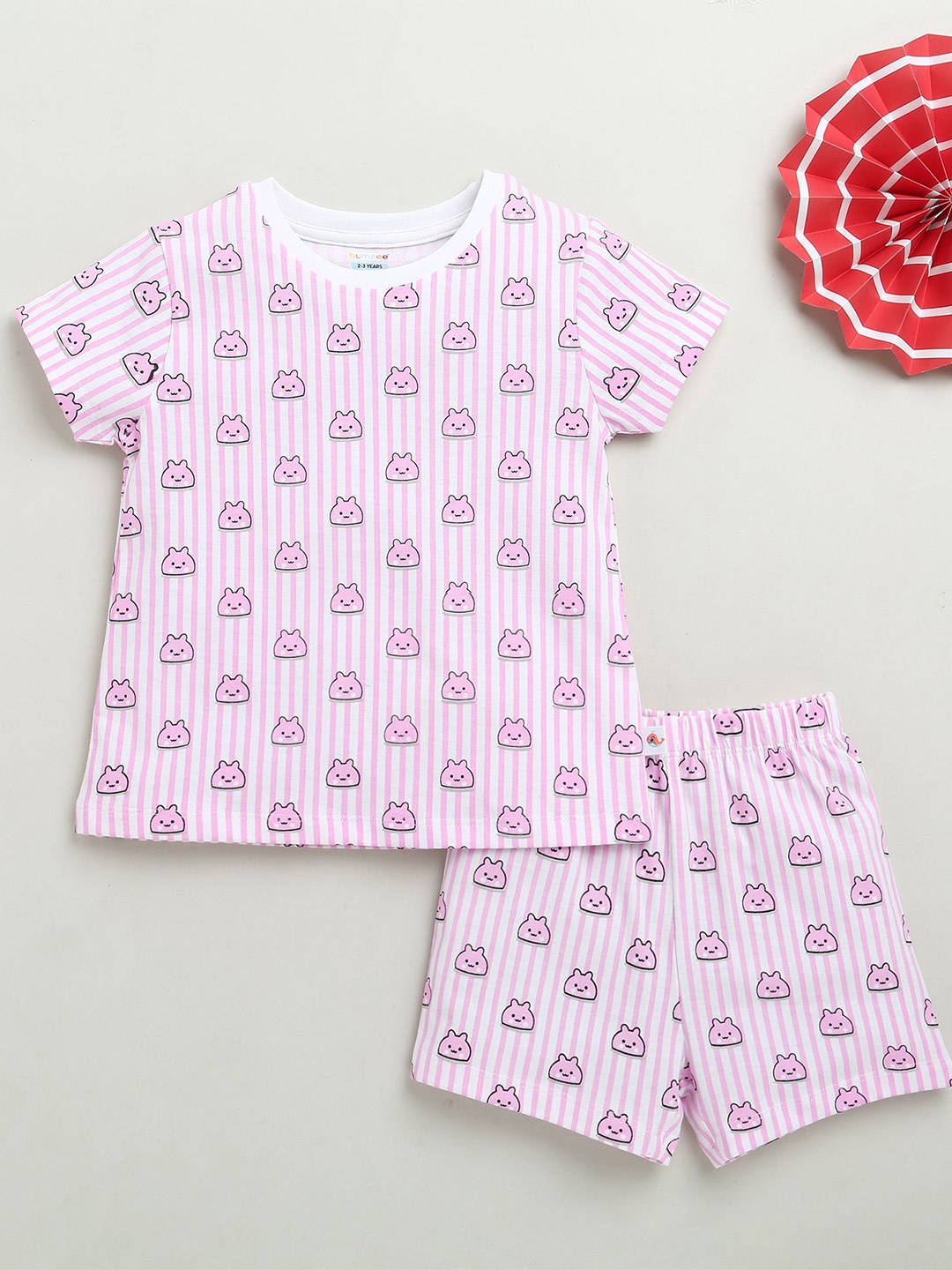 

BUMZEE Girls Printed Round Neck Pure Cotton T-Shirt With Shorts, Pink