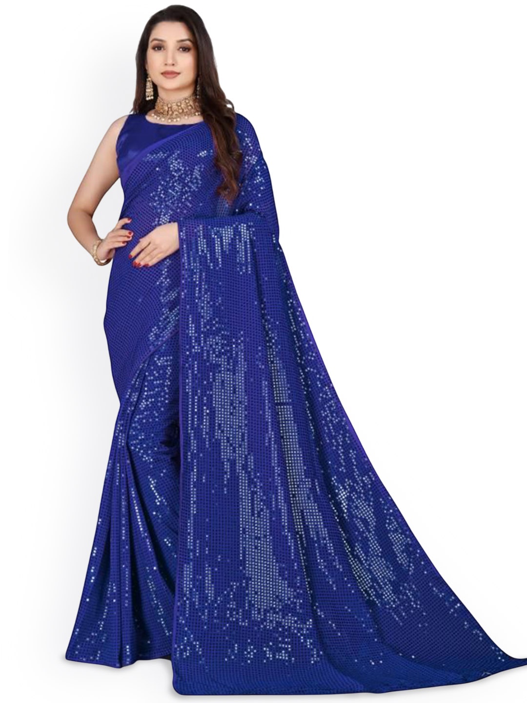 

THE52 Embellished Sequinned Pure Georgette Saree, Blue