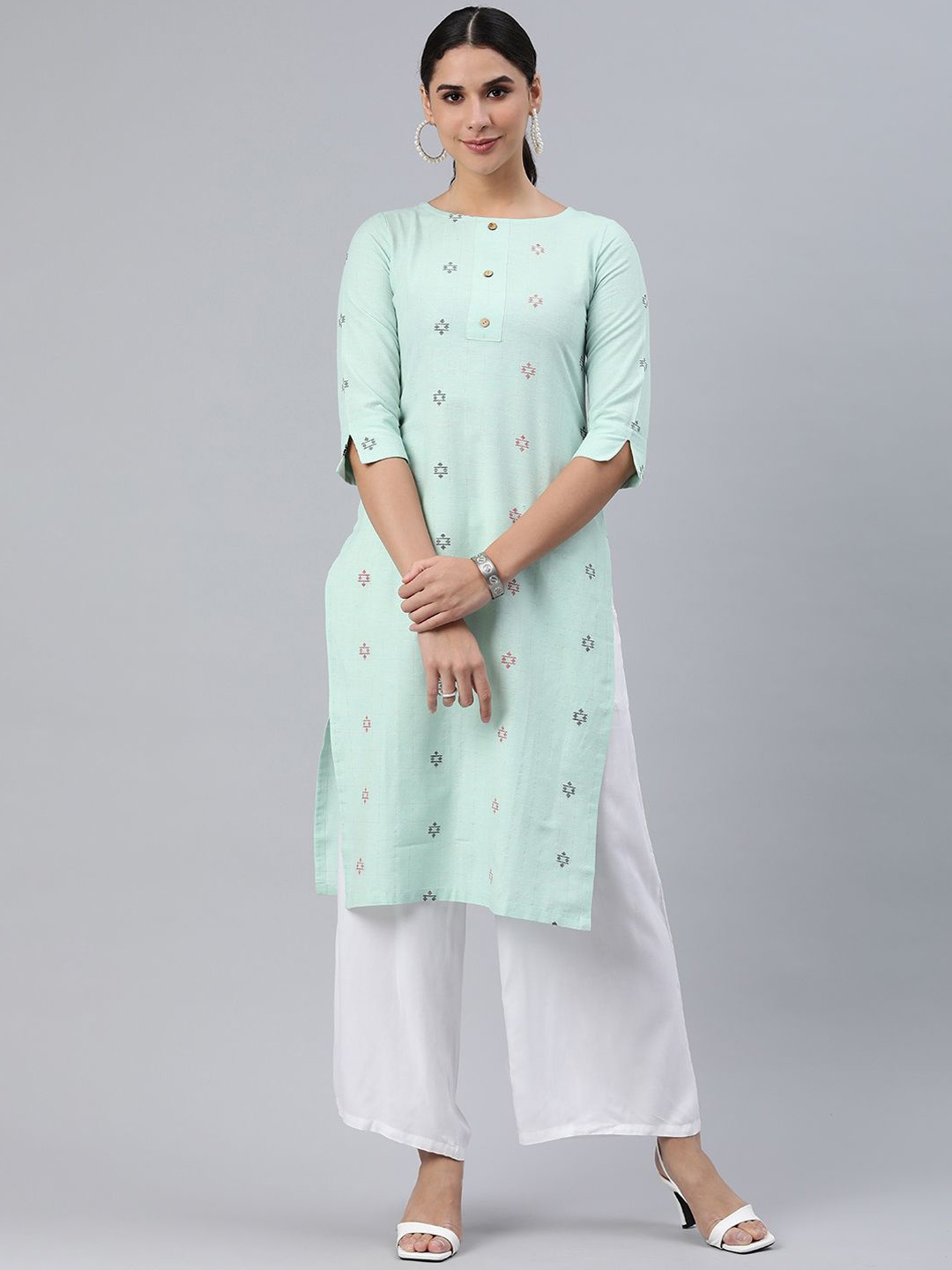 

DIVASTRI Geometric Printed Round Neck Pure Cotton Straight Kurta, Green