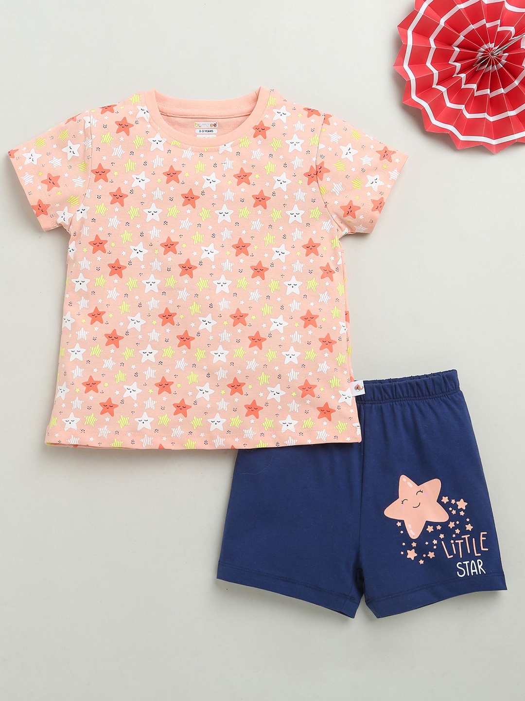 

BUMZEE Girls Printed Round Neck Pure Cotton T-Shirt With Shorts, Peach