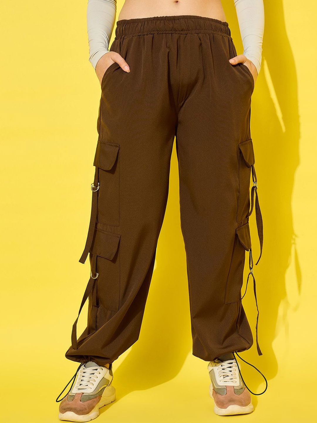 

BUY NEW TREND Women Relaxed Loose Fit High-Rise Cargos Trousers, Coffee brown