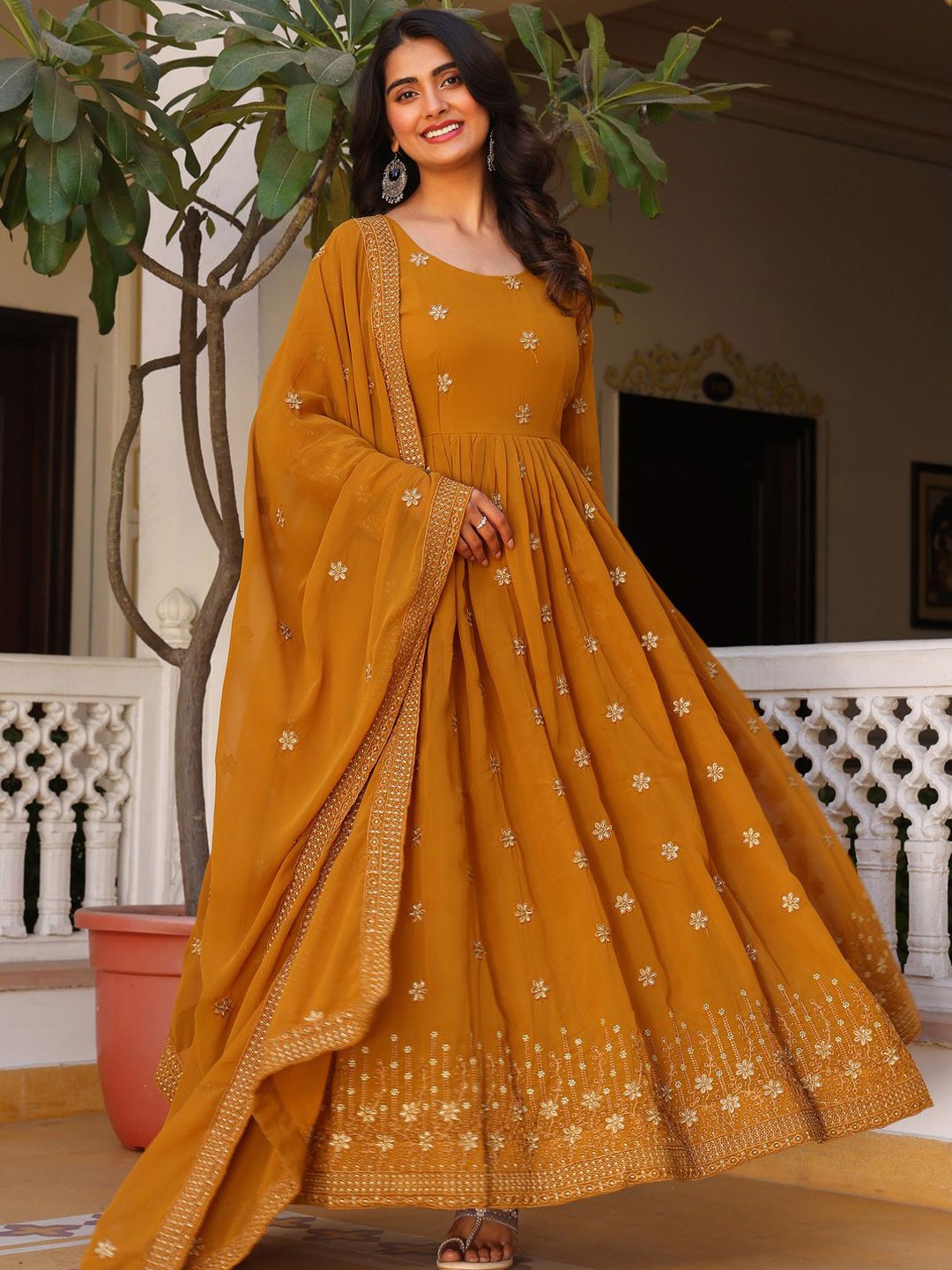 

KALINI Floral Embroidered Georgette Anarkali Kurta With Trousers & Dupatta, Brown