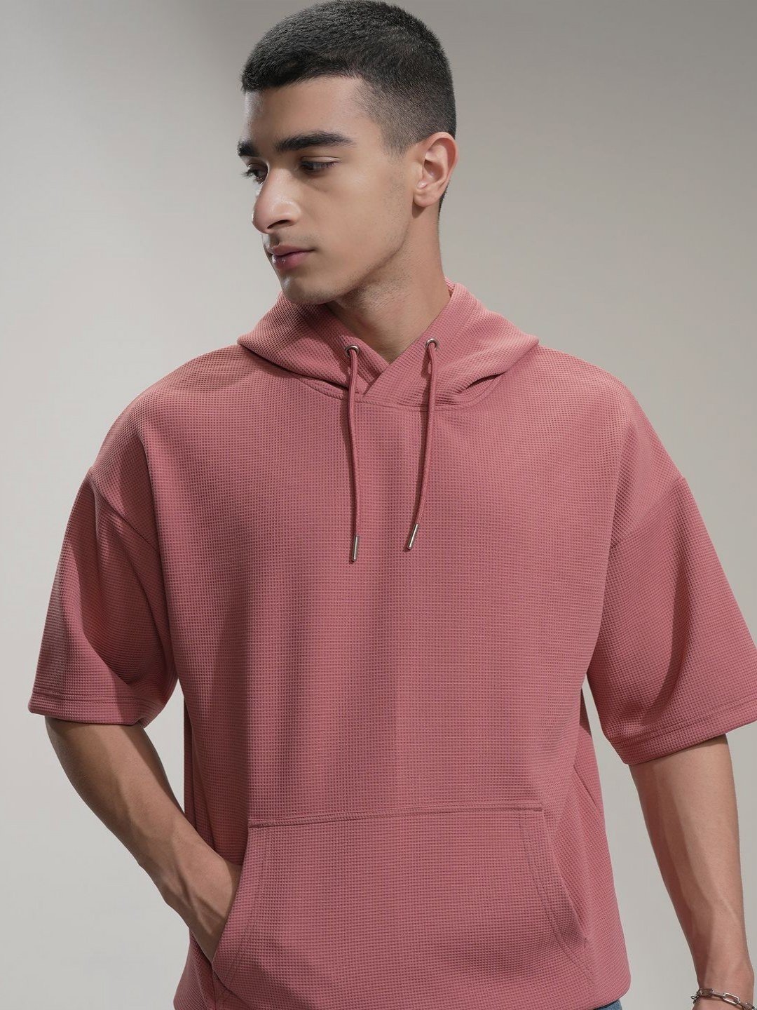 

HIGHLANDER Men Hooded Drop-Shoulder Sleeves Pockets T-shirt, Rust