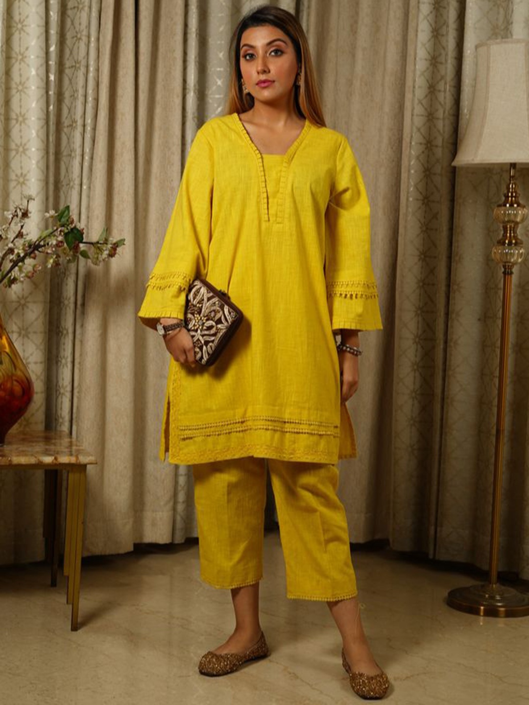 

House of Nitya Self Design V Neck A-Line Pure Cotton Kurta Wiith Trousers, Yellow