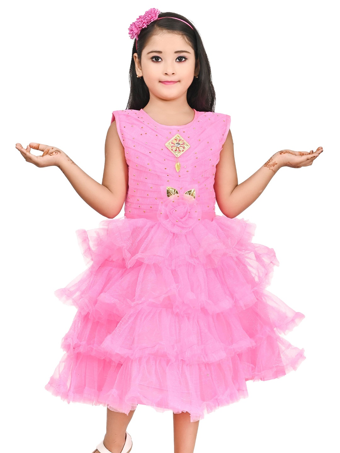 

Zenat Layered Net Fit & Flare Dress, Pink