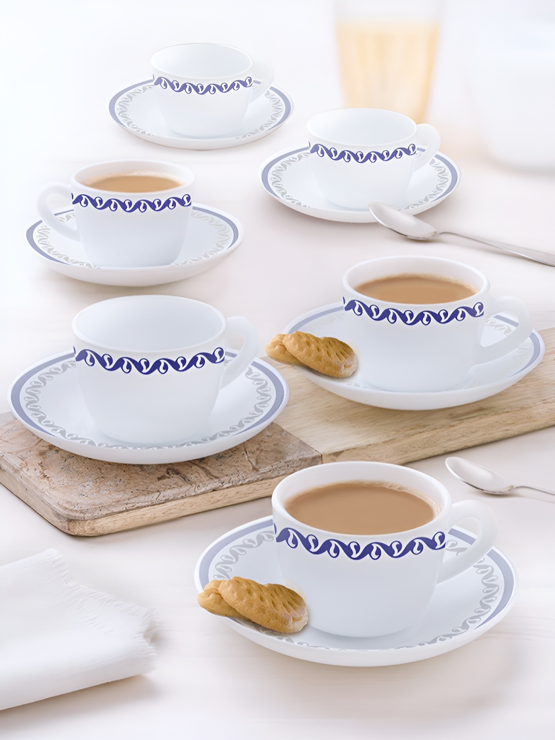 

Larah by BOROSIL White & Blue Set Of 12 Printed Microwave Safe Opalware Tea Set