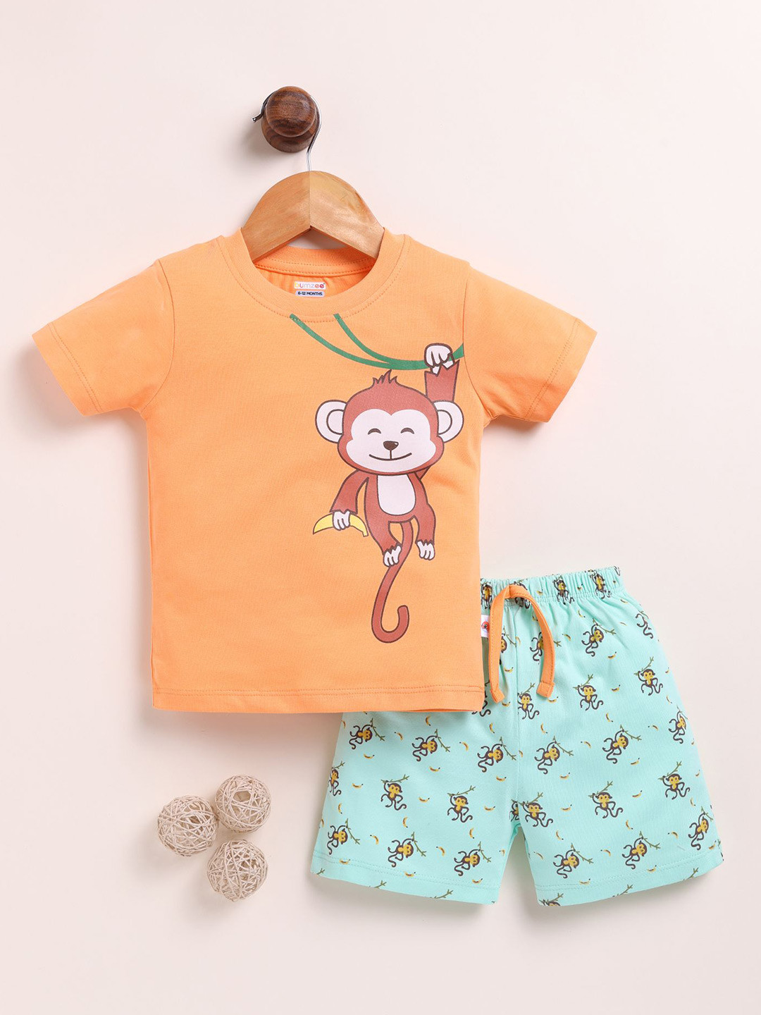 

BUMZEE Boys Printed Round Neck Pure Cotton T-Shirt With Shorts, Orange