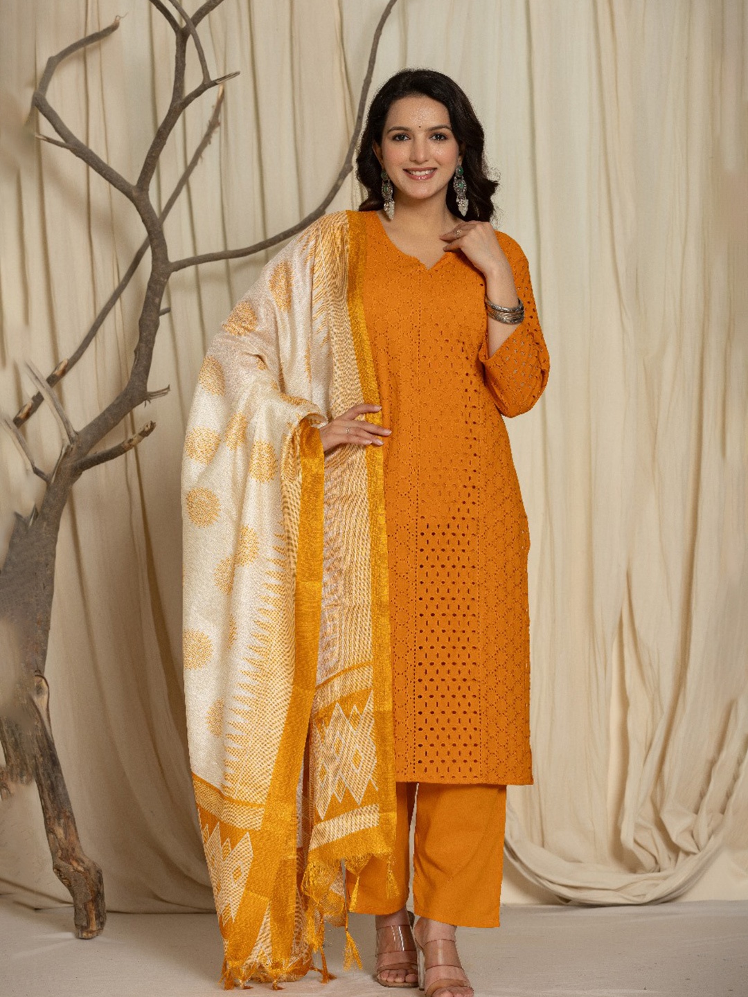 

Samhitas Notch Neck Cotton Straight Kurta With Trousers & Dupatta, Mustard