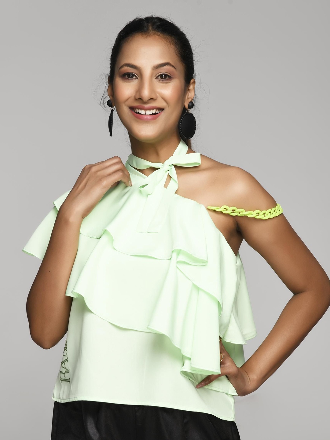 

RANJ One Shoulder Crepe Crop Top, Fluorescent green