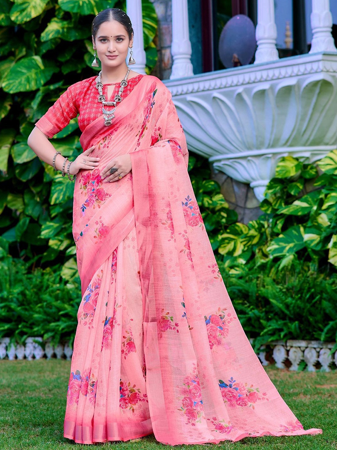 

Iris Floral Pure Cotton Saree, Peach