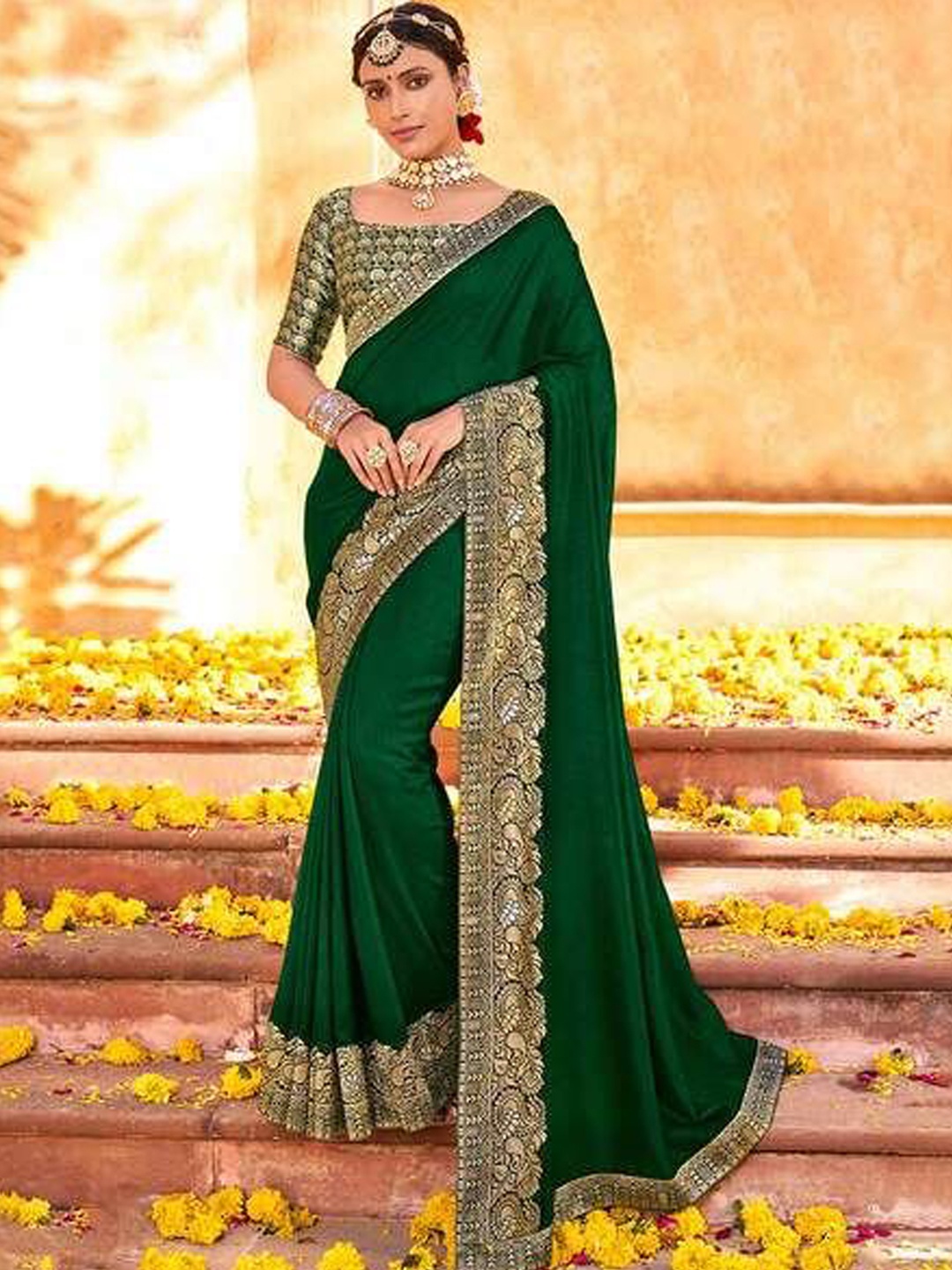 

MAHALASA Floral Pure Silk Designer Saree, Green