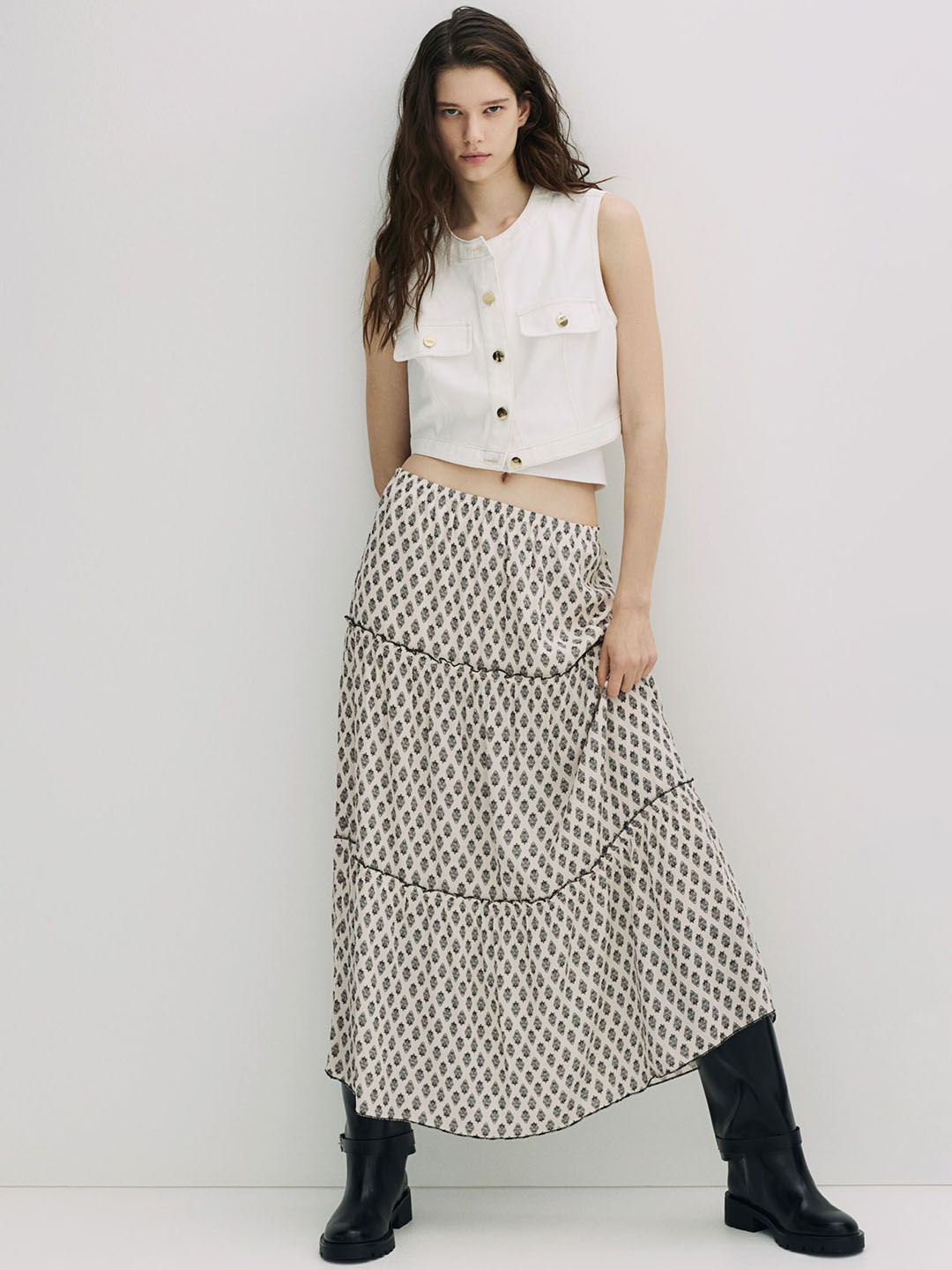 

H&M Crinkled Maxi Skirt, Beige