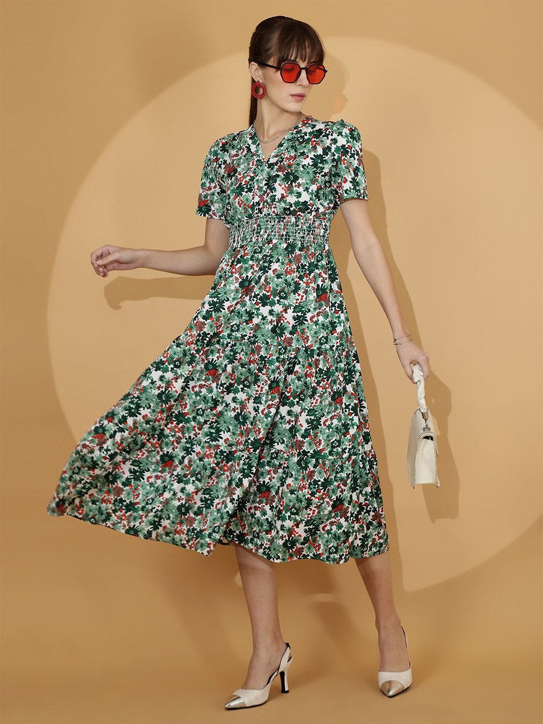 

De La Moda Floral Print Puff Sleeve Crepe Fit & Flare Midi Dress, Multi