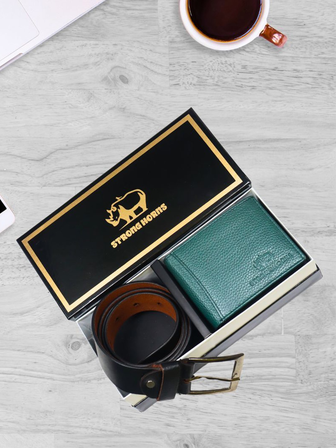 

STRONG HORNS Men Leather Belt & Wallet Gift Set, Sea green