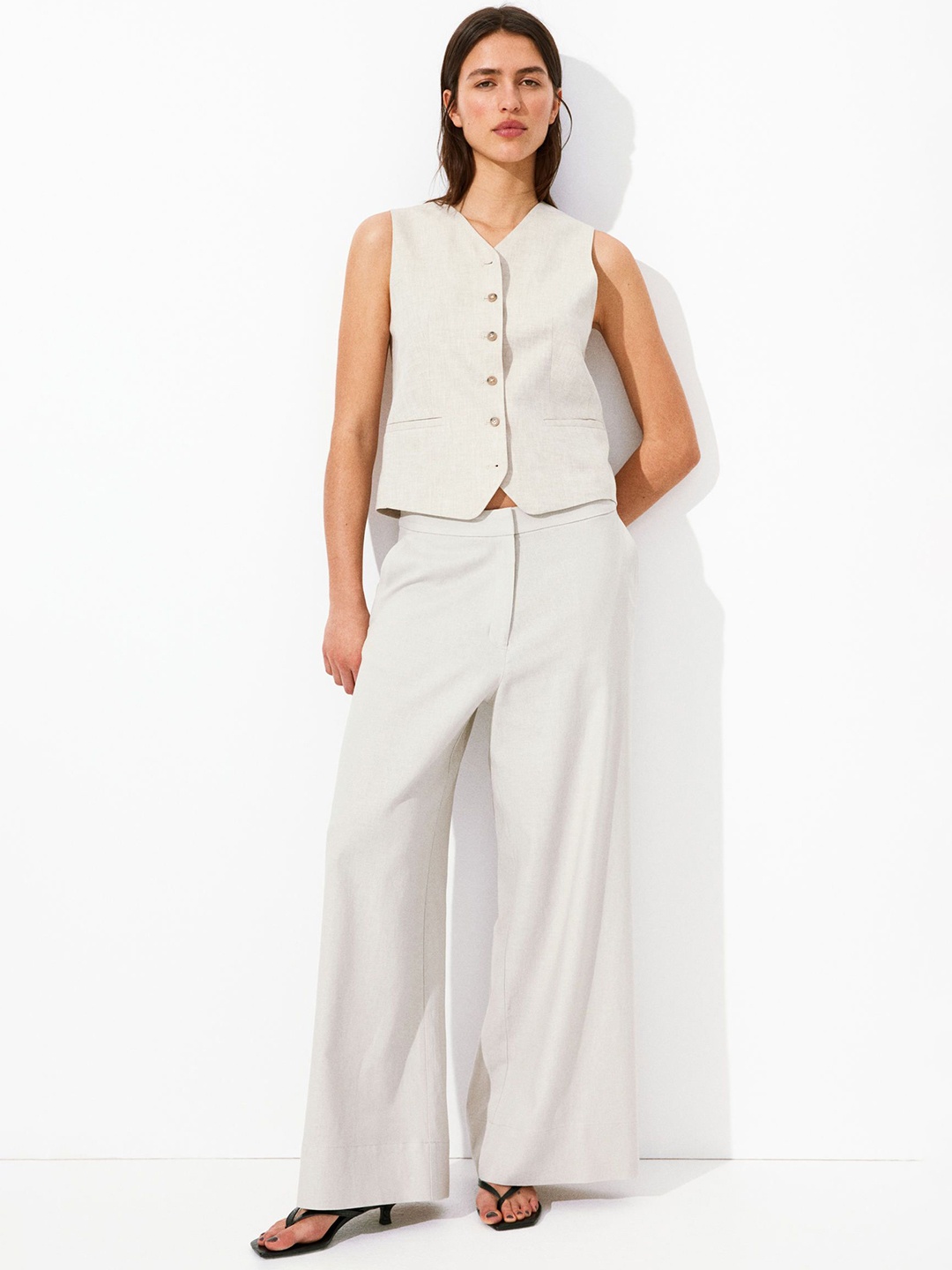 

H&M Wide Linen-Blend Trousers, Beige