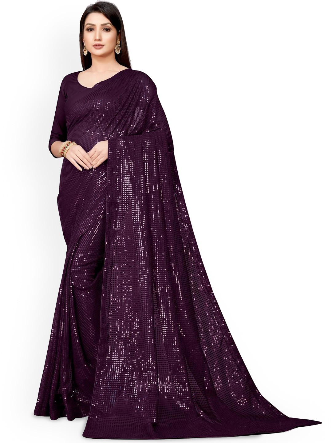 

THE52 Embellished Sequinned Saree With Unstitched Blouse Piece, Purple