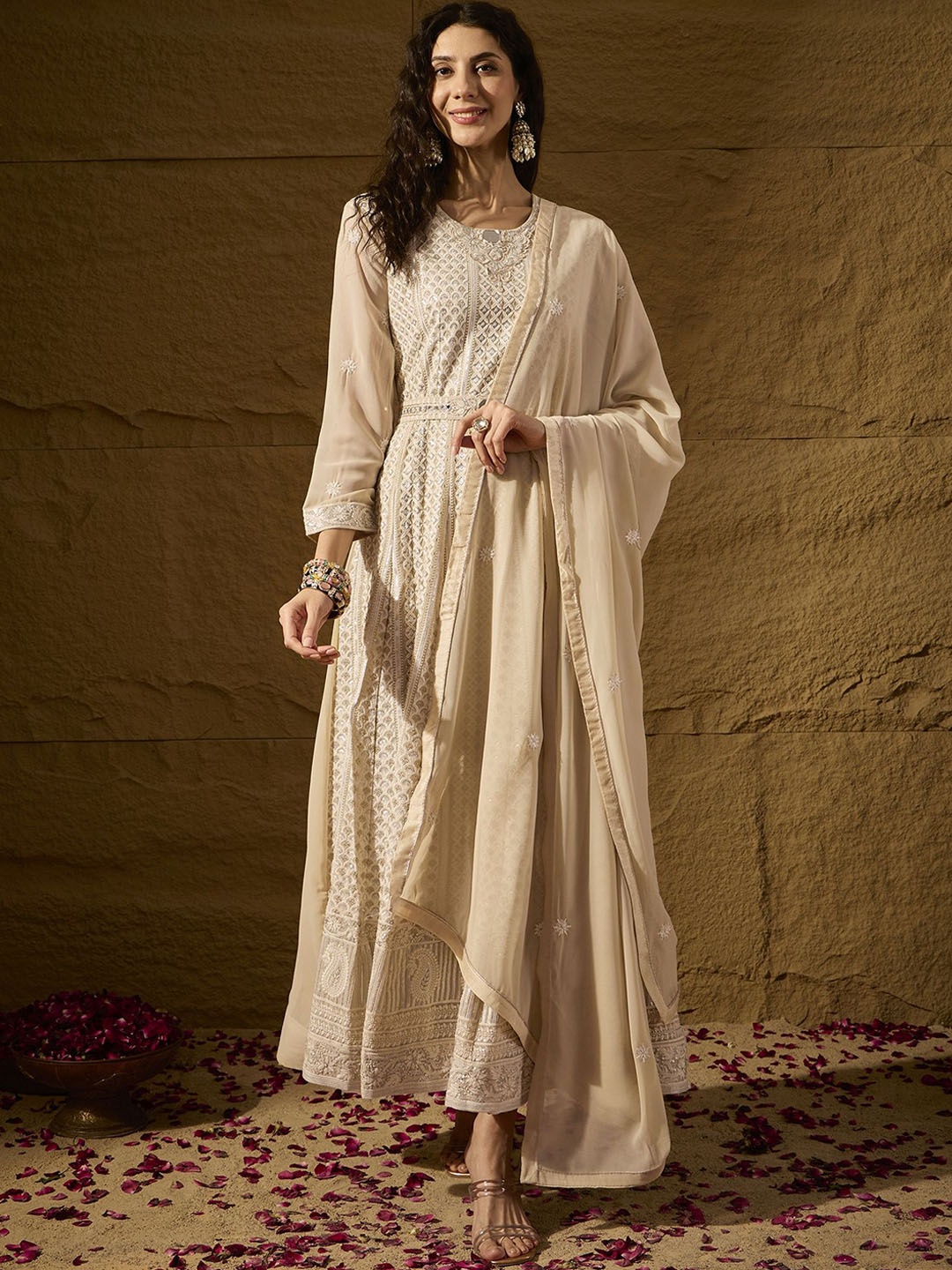

Miss Ethnik Embroidered Anarkali Gown With Dupatta, Cream