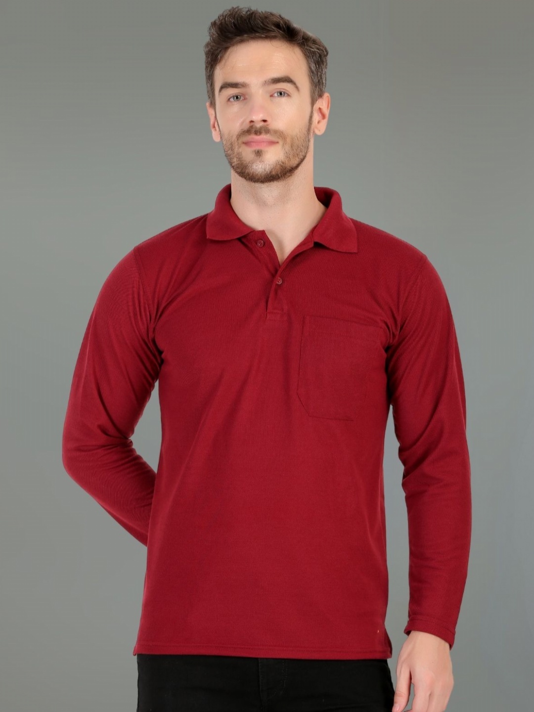 

SMAN Men Polo Collar Pockets T-shirt, Maroon