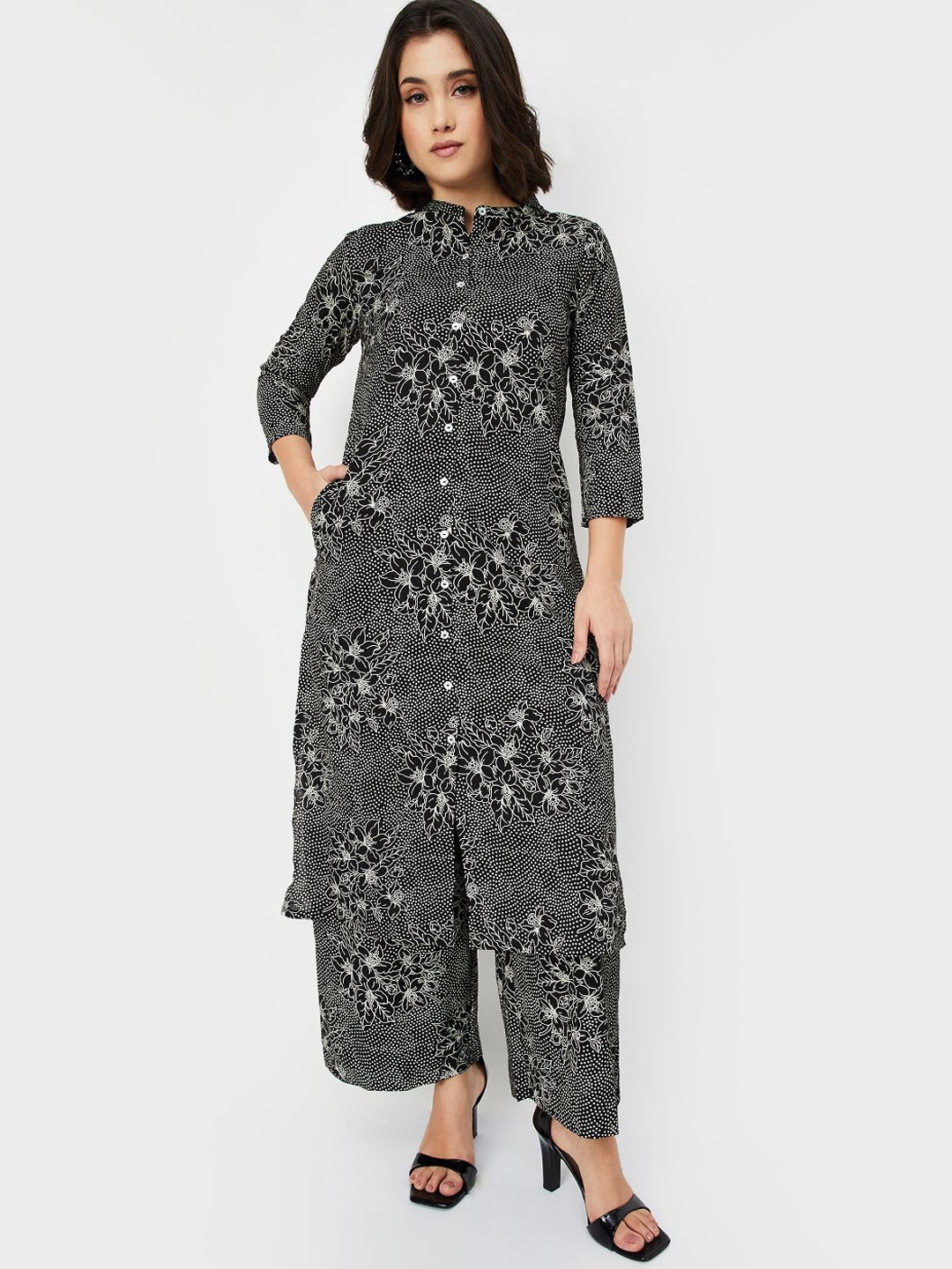 

max Floral Printed Band Collar A-Line Kurta with Palazzos, Black