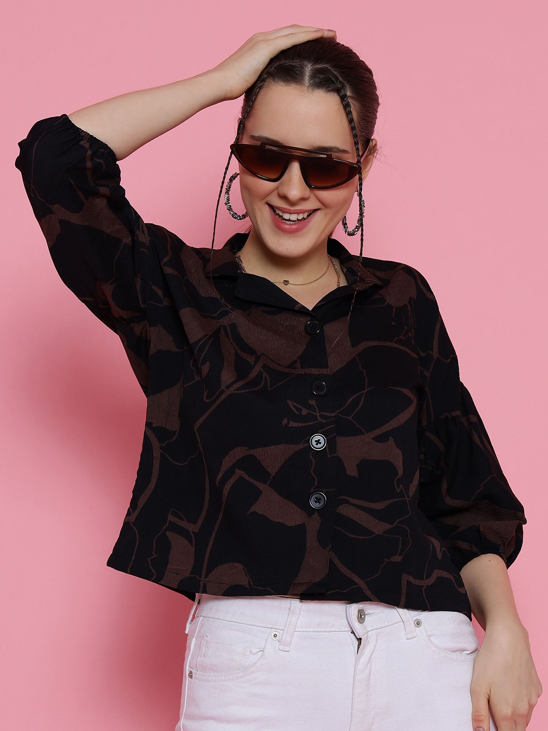 

De La Moda Women Standard Floral Opaque Printed Casual Shirt, Black