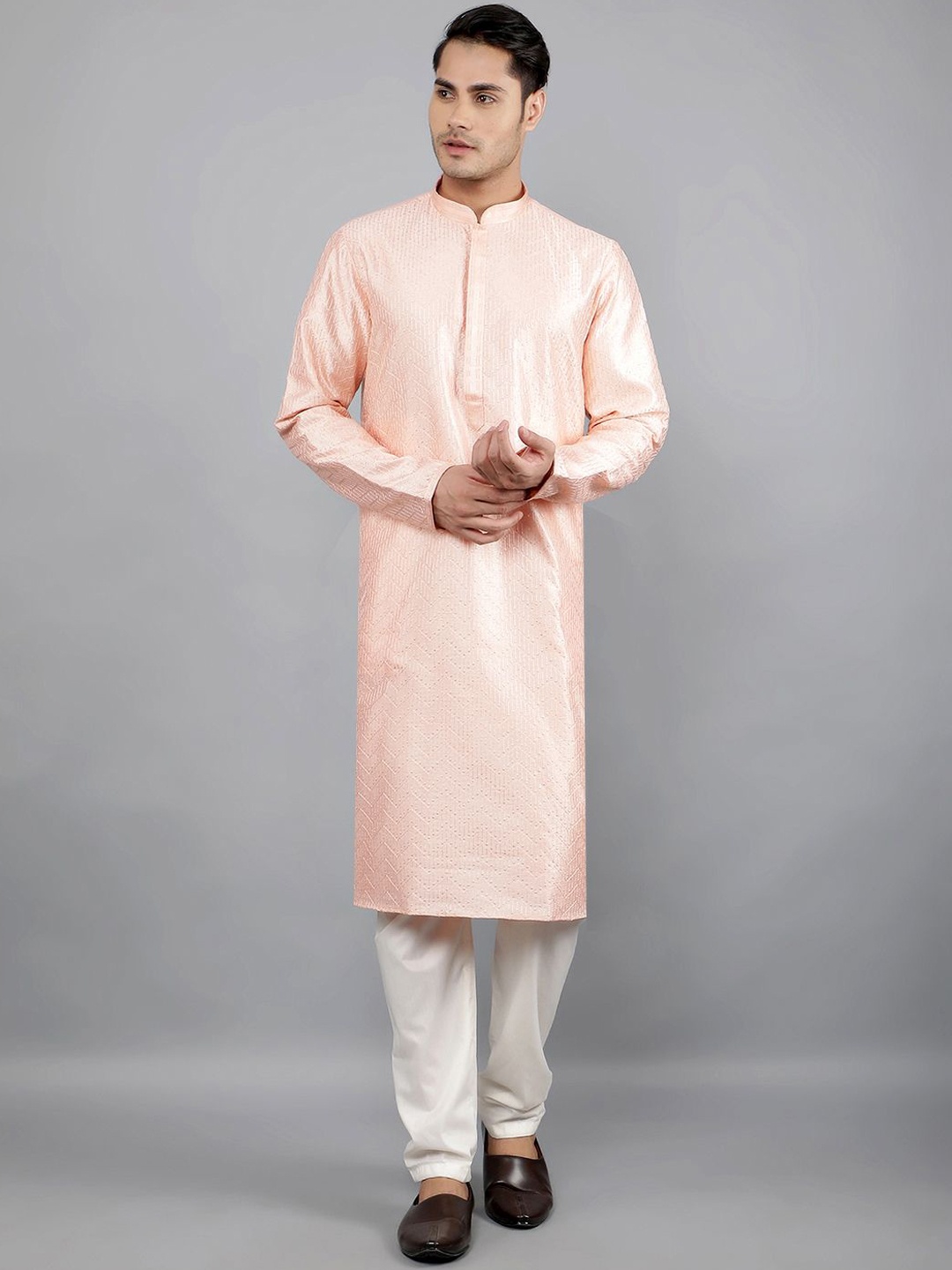 

Manish Creations Woven Design Band Collar Kurta with Churidar, Pink
