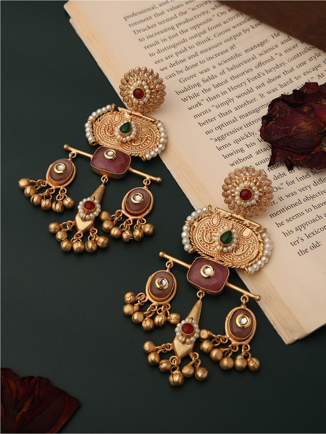 

PATOLA BY VJ Gold-Plated Artificial Stones Studded Contemporary Shaped Drop Earrings