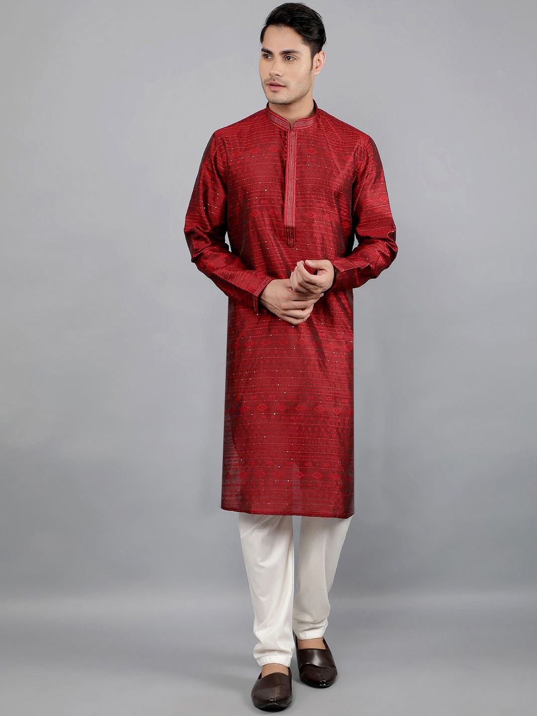 

Manish Creations Geometric Woven Design Sequinned Band Collar Kurta with Churidar, Maroon