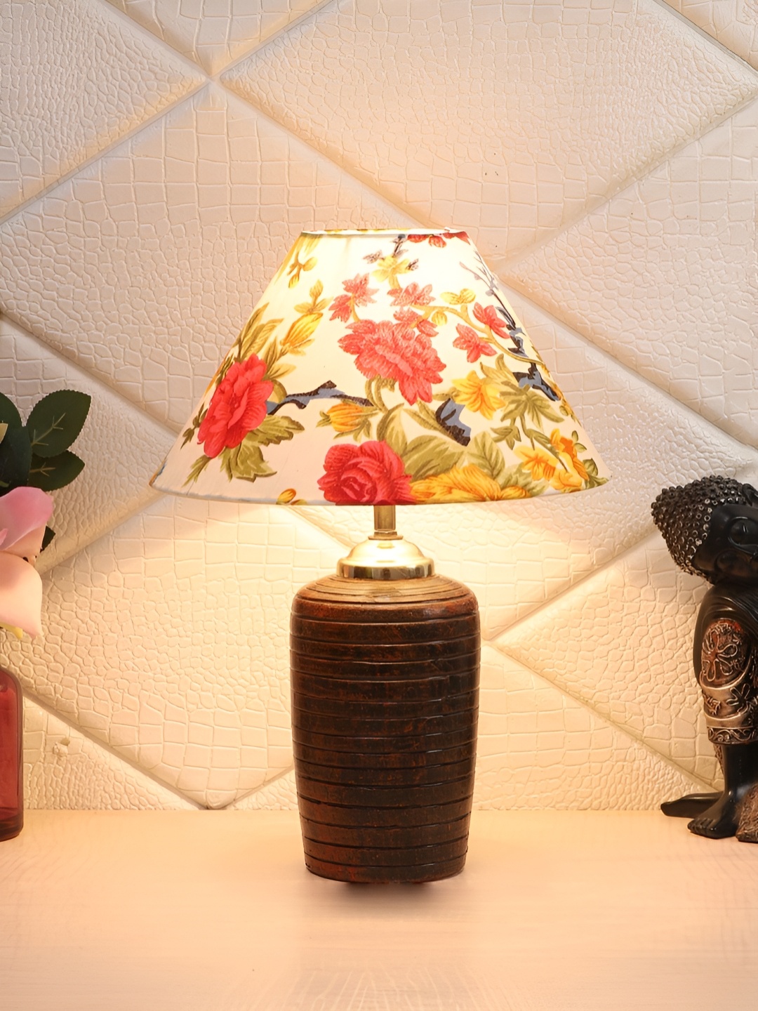 

BrightDaisy White & Red Floral Printed Frustum Shaped Terracotta Table Lamp