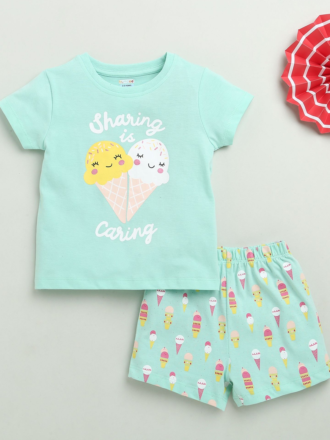 

BUMZEE Girls Printed Round Neck Pure Cotton T-Shirt With Shorts, Green
