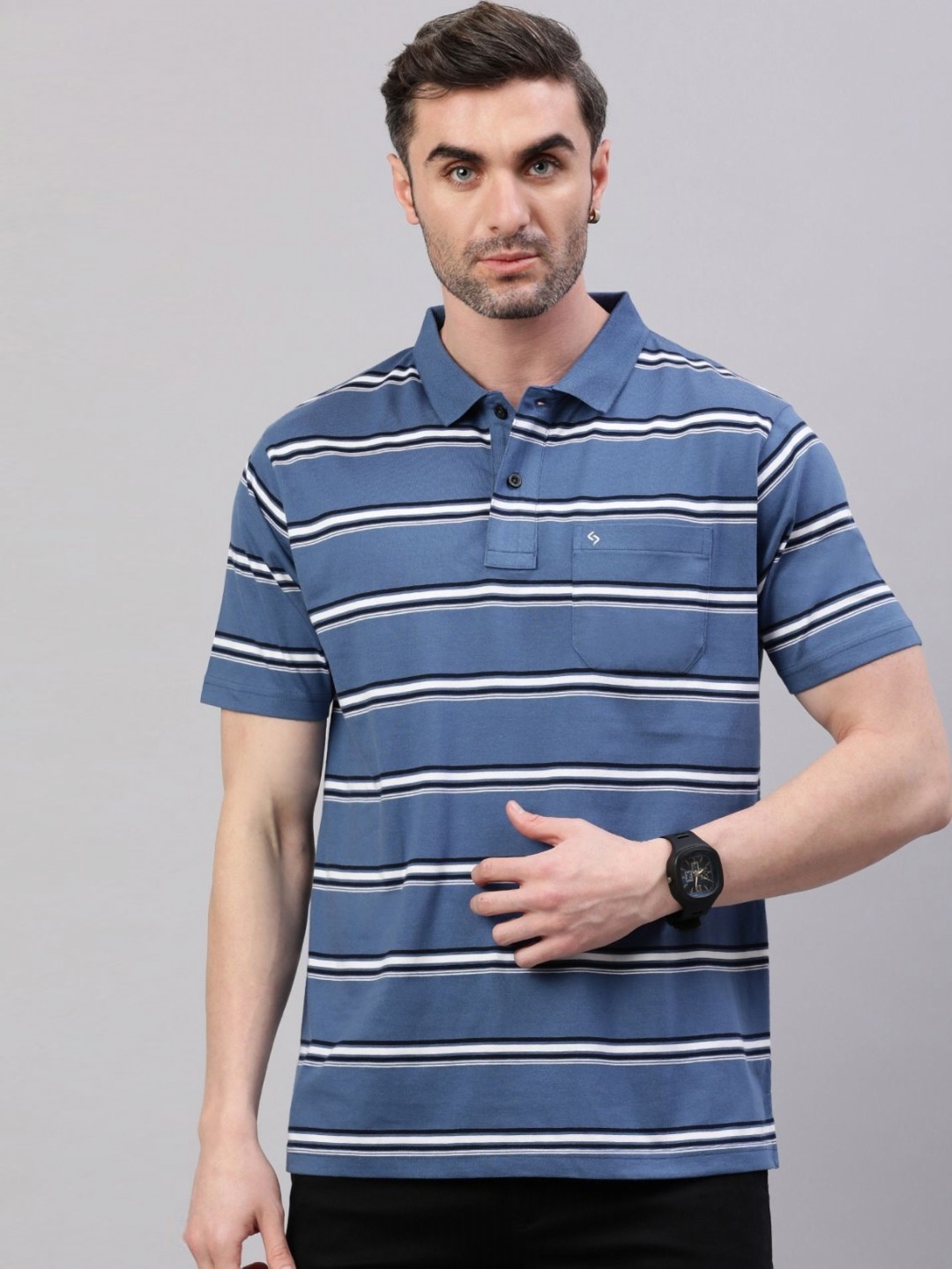 

Classic Polo Men Striped Polo Collar Pockets T-shirt, Grey