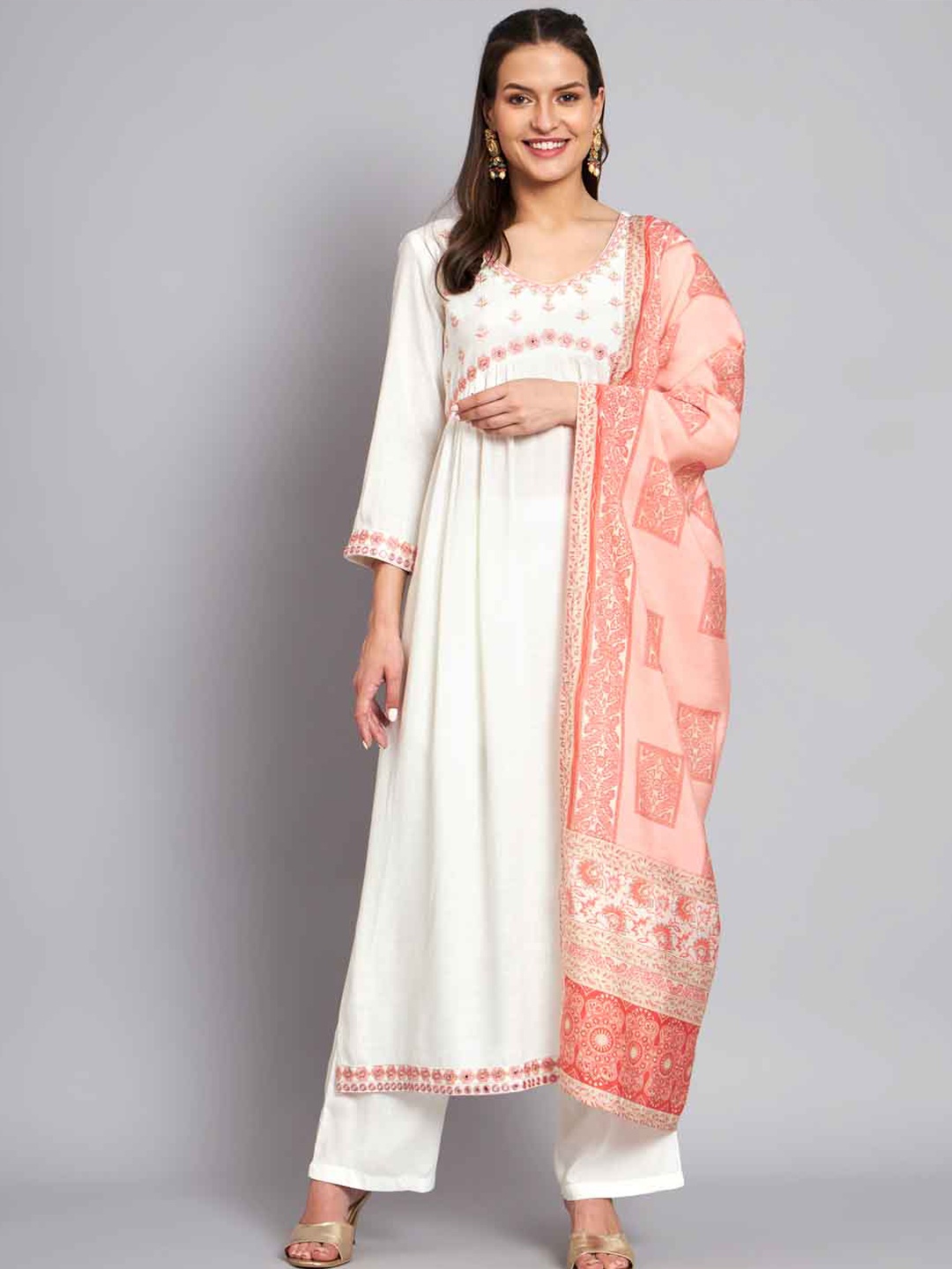 

DIVASTRI Embroidered Thread Work A-Line Kurta With Dupatta, White