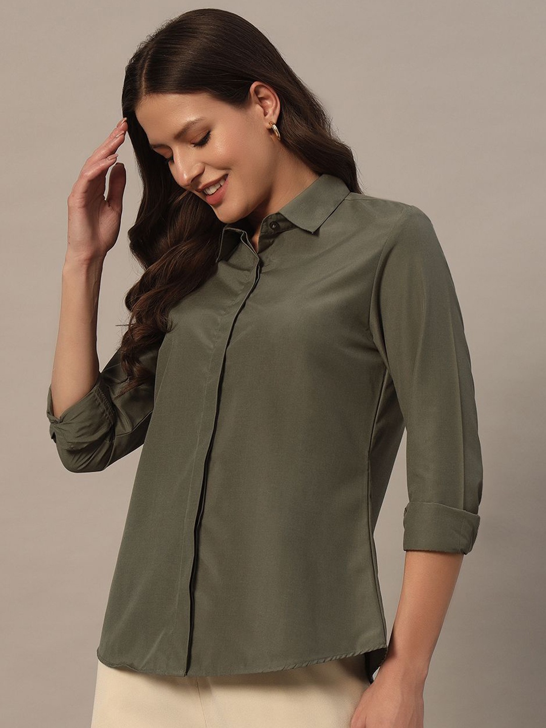 

BAESD Women Slim Fit Opaque Casual Shirt, Olive