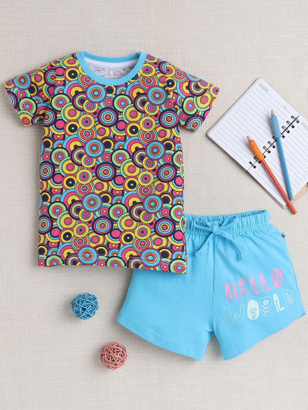 

BUMZEE Girls Printed Round Neck Pure Cotton T-Shirt With Shorts, Blue