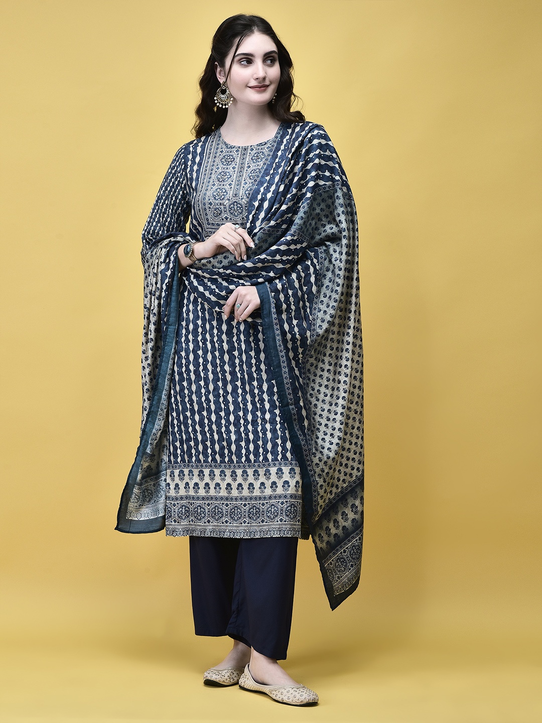 

Shree Floral Printed Liva Straight Kurta With Trousers & Dupatta, Blue