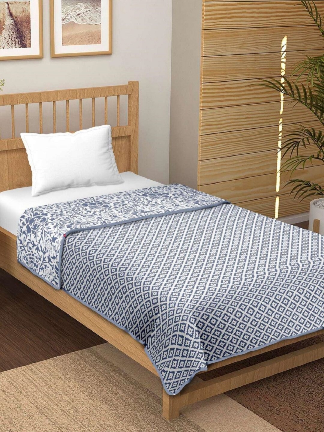 

CHICERY Blue & White Floral Printed AC Room 210 GSM Cotton Single Bed Dohar